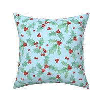 Watercolor Christmas holly leaves and berries-light blue