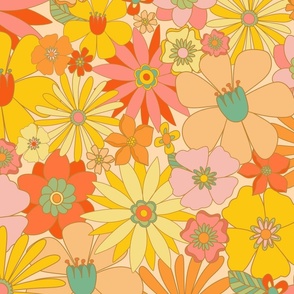 Retro Floral Fabric on Peach, 70s Vintage Floral