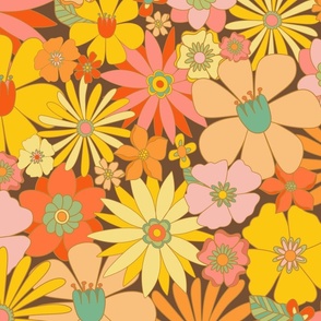 Retro Floral Fabric on Brown, 70s Vintage Floral