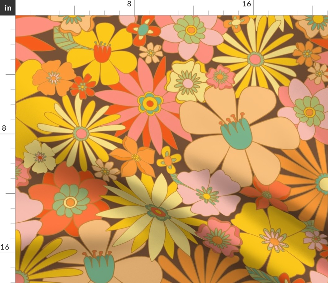 Retro Floral Fabric on Brown, 70s Vintage Floral