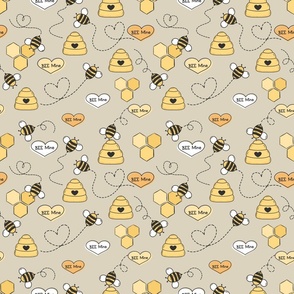 Bee Mine Valentines Day Fabric on Beige (small), Honey Bee, Beehive, Hexagon, Hearts, Love, Gender Neutral, Boho Valentines