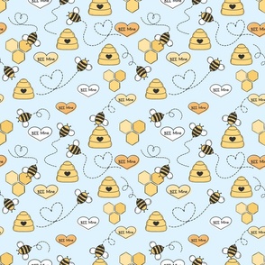 Bee Mine Valentines Day Fabric on Light Blue (small), Honey Bee, Beehive, Hexagon, Hearts, Love, Gender Neutral, Boho Valentines