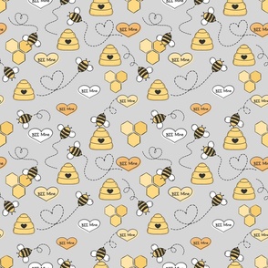 Bee Mine Valentines Day Fabric on Grey (small), Honey Bee, Beehive, Hexagon, Hearts, Love, Gender Neutral, Boho Valentines