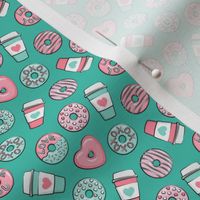 (extra small scale) donuts and coffee - valentines day - pink and teal on dark teal C23