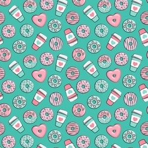 (extra small scale) donuts and coffee - valentines day - pink and teal on dark teal C23
