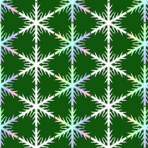 Iridescent and white Block snowflake lace on green background