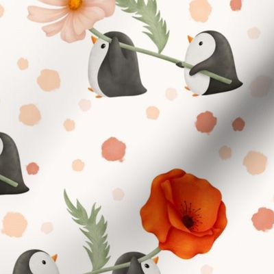 Cute watercolor floral penguins for girl nursery black, orange red on cream