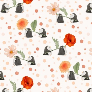 Cute watercolor floral penguins for girl nursery black, orange red on cream