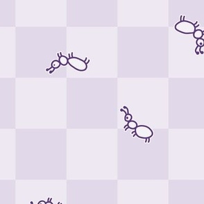 502 $ - Large scale cool lavender mauve purple cute line work ants running in all directions on checkerboard background – for party table linen, kids apparel, baby cot sheets and curtains, pet accessories: insects, bugs, critters, picnic accessories, chec