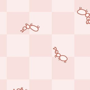 502 - Large scale warm peach apricot blush cute line work ants running in all directions on checkerboard background – for party table linen, kids apparel, baby cot sheets and curtains, pet accessories: insects, bugs, critters, picnic accessories, checkers