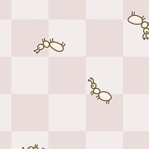 502 - Large scale warm neutral mushroom pink cute line work ants running in all directions on checkerboard background – for party table linen, kids apparel, baby cot sheets and curtains, pet accessories: insects, bugs, critters, picnic accessories, checke