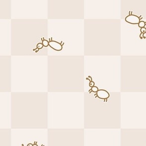 502 - Large scale warm neutral taupe cute line work ants running in all directions on checkerboard background – for party table linen, kids apparel, baby cot sheets and curtains, pet accessories: insects, bugs, critters, picnic accessories, checkers