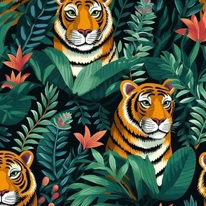 Folk Art Tigers Against Lush Green Foliage -02