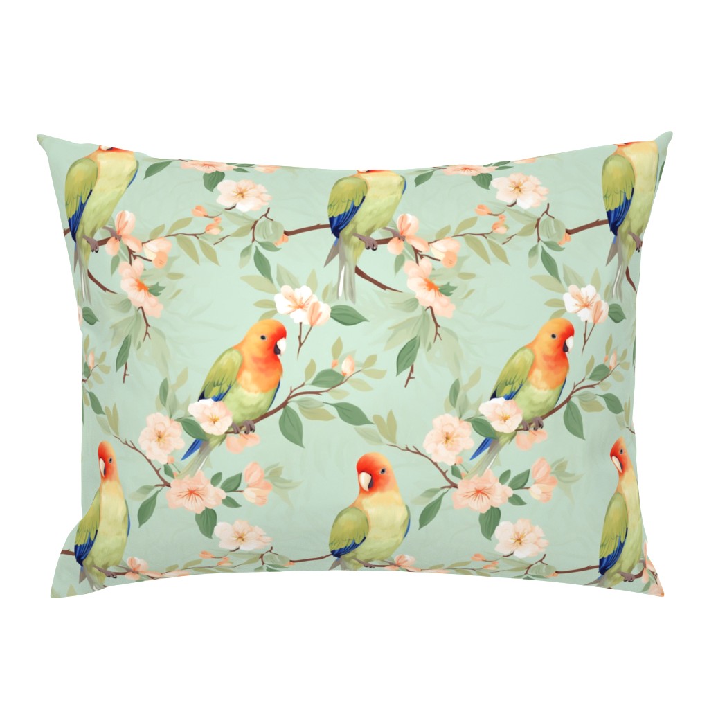 Peach Faced Lovebirds Perching in Tree Twigs with Flowers Spring Summer