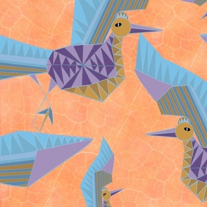Large Origami Blue Heron against textured melon background