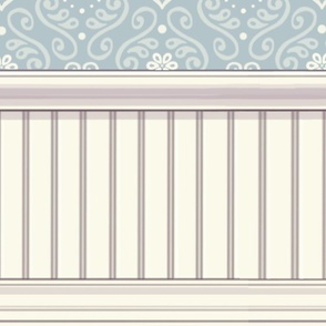  Larger Scale - Blue Damask Dollhouse Wallpaper Panel with Wainscoting (36 x36)