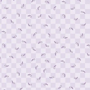 502 - Small scale cool purple pastel  cute line work ants running in all directions on checkerboard background – for party table linen, kids apparel, baby cot sheets and curtains, pet accessories: insects, bugs, critters, picnic accessories, checkers