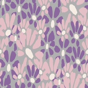 Loose hand painted flowers in gray ,purple ,pink 