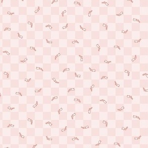 502 - Small scale pastel coral pink warm neutral cute line work ants running in all directions on checkerboard background – for party table linen, kids apparel, baby cot sheets and curtains, pet accessories: insects, bugs, critters, picnic accessories, ch