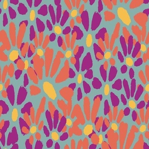 Loose hand painted flowers in turquoise ,purple ,orange 