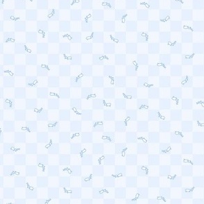 502 - Small scale pastel powder blue cool neutral cute line work ants running in all directions on checkerboard background – for party table linen, kids apparel, baby cot sheets and curtains, pet accessories: insects, bugs, critters, picnic accessories, c