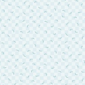 502 - Small scale gentle cool aqua turquoise cute line work ants running in all directions on checkerboard background – for party table linen, kids apparel, baby cot sheets and curtains, pet accessories: insects, bugs, critters, picnic accessories, checke