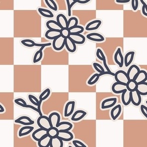 510 - Large scale pastel pretty floral hand drawn non directional bouquet in minimalist simple style on a geometric checkerboard background: for kids/children's apparel, nursery décor, sweet feminine girl wallpaper, table linen