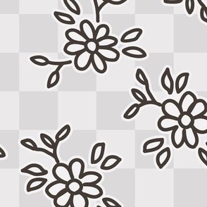 510 - Large scale monochromatic (almost) black and white pretty floral hand drawn non directional bouquet in minimalist simple style on a geometric checkerboard background: for kids/children's apparel, nursery décor, sweet feminine girl wallpaper, table l