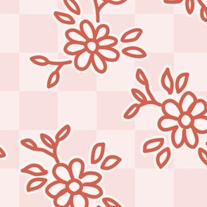 510 - Large scale pastel pink and red pretty floral hand drawn non directional bouquet in minimalist simple style on a geometric checkerboard background: for kids/children's apparel, nursery décor, sweet feminine girl wallpaper, table linen