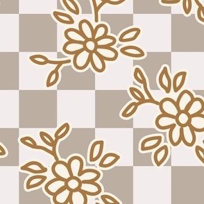 510 - Large scale pastel taupe beige pretty boho floral hand drawn non directional bouquet in minimalist simple style on a geometric checkerboard background: for kids/children's apparel, nursery décor, sweet feminine girl wallpaper, table linen