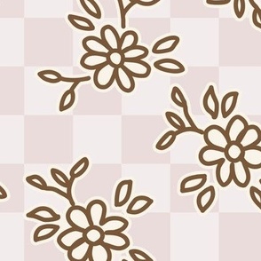 510 - Large scale pastel pink, cream and beige pretty floral hand drawn non directional bouquet in minimalist simple style on a geometric checkerboard background: for kids/children's apparel, nursery décor, sweet feminine girl wallpaper, table linen