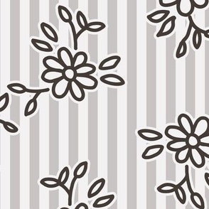 503 -  Large scale monochrome black and white pretty floral hand drawn two directional bouquet in minimalist simple style on a linear pinstripe background: for kids/children's apparel, nursery décor, sweet feminine girl bed linen and wallpaper