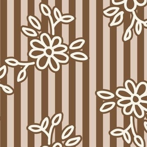 503 -   Large scale warm donkey brown pretty floral hand drawn two directional bouquet in minimalist simple style on a linear pinstripe background: for kids/children's apparel, nursery décor, sweet feminine girl bed linen and wallpaper