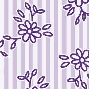 503 -   Large scale inky lavender purple pretty floral hand drawn two directional bouquet in minimalist simple style on a linear pinstripe background: for kids/children's apparel, nursery décor, sweet feminine girl bed linen and wallpaper