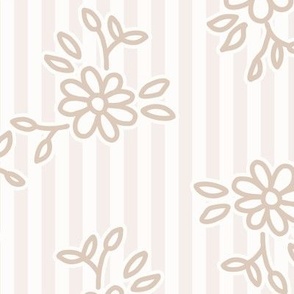 503 -   Large scale warm neutral soft grey  pretty floral hand drawn two directional bouquet in minimalist simple style on a linear pinstripe background: for kids/children's apparel, nursery décor, sweet feminine girl bed linen and wallpaper