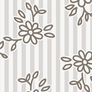 503 -  Large scale monochrome gray pretty floral hand drawn two directional bouquet in minimalist simple style on a linear pinstripe background: for kids/children's apparel, nursery décor, sweet feminine girl bed linen and wallpaper