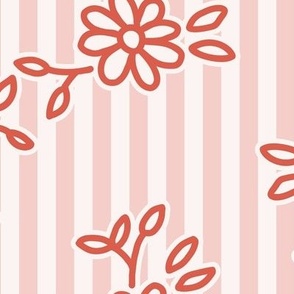 503 -  Large scale terracotta red orange pretty floral hand drawn two directional bouquet in minimalist simple style on a linear pinstripe background: for kids/children's apparel, nursery décor, sweet feminine girl bed linen and wallpaper