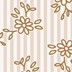 503 -   Large scale burnt caramel brown pretty floral hand drawn two directional bouquet in minimalist simple style on a linear pinstripe background: for kids/children's apparel, nursery décor, sweet feminine girl bed linen and wallpaper