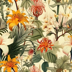Vintage Tropical Ephemera Blooms on Cream Background