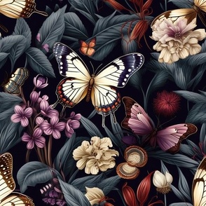 Vintage Butterfly Ephemera Blooms on Dark Background