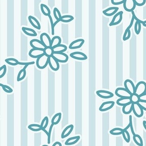 503 -   Large scale pastel aqua turquoise pretty floral hand drawn two directional bouquet in minimalist simple style on a linear pinstripe background: for kids/children's apparel, nursery décor, sweet feminine girl bed linen and wallpaper