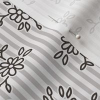 503 - Small scale monochromatic almost black and white pretty floral hand drawn non directional bouquet in minimalist simple style on a linear pinstripe background: for kids/children's apparel, nursery décor, sweet feminine girl bed linen, table linen