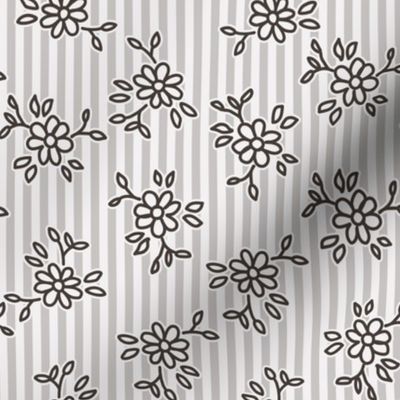 503 - Small scale monochromatic almost black and white pretty floral hand drawn non directional bouquet in minimalist simple style on a linear pinstripe background: for kids/children's apparel, nursery décor, sweet feminine girl bed linen, table linen