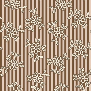 503 -Small scale warm neutral donkey brown pretty floral hand drawn non directional bouquet in minimalist simple style on a linear pinstripe background: for kids/children's apparel, nursery décor, sweet feminine girl bed linen, table linen