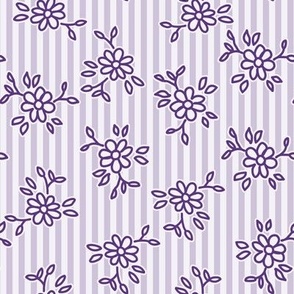 503 - Small scale lavender purple pretty floral hand drawn non directional bouquet in minimalist simple style on a linear pinstripe background: for kids/children's apparel, nursery décor, sweet feminine girl bed linen, table linen