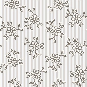 503 - Small scale monochromatic warm neutral gray pretty floral hand drawn non directional bouquet in minimalist simple style on a linear pinstripe background: for kids/children's apparel, nursery décor, sweet feminine girl bed linen, table linen