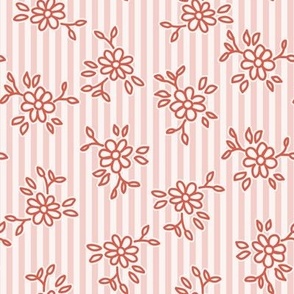503 - Small scale terracotta red orange pastel pretty floral hand drawn non directional bouquet in minimalist simple style on a linear pinstripe background: for kids/children's apparel, nursery décor, sweet feminine girl bed linen, table linen