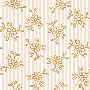 503 - Small scale  mustard ochre pastel pretty floral hand drawn non directional bouquet in minimalist simple style on a linear pinstripe background: for kids/children's apparel, nursery décor, sweet feminine girl bed linen, table linen