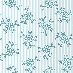 503 - Small scale turquoise aqua pastel pretty floral hand drawn non directional bouquet in minimalist simple style on a linear pinstripe background: for kids/children's apparel, nursery décor, sweet feminine girl bed linen, table linen