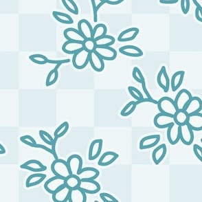 510 - Large scale aquamarine turquoise  pastel pretty floral hand drawn non directional bouquet in minimalist simple style on a geometric checkerboard background: for kids/children's apparel, nursery décor, sweet feminine girl wallpaper, table linen